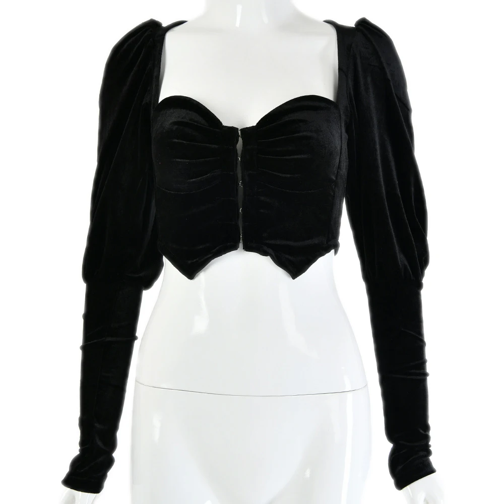 

Summer Hot Gold Velvet U-neck Long-sleeved Single-breasted Short Cropped Sexy Straight Type Black Ladies Top
