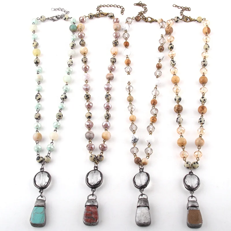 

Women Ethnic Necklace Fashion Jewelry Natural Stone Crystal Glass beads Rosary Chain Stone Soldier Pendant Choker Necklaces