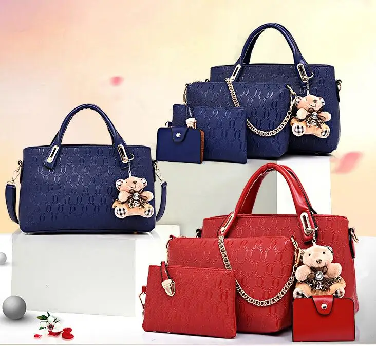 

2020102710 Woman PU Leather Handbag and Wallet 4pcs Set with Gift Bear Toy