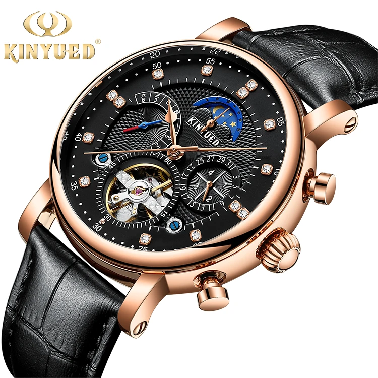 KINYUED hot sales Fashion Tourbillon Automatic Movement Mens Automatic Mechanical Watch Genuine Leather Wristwatch