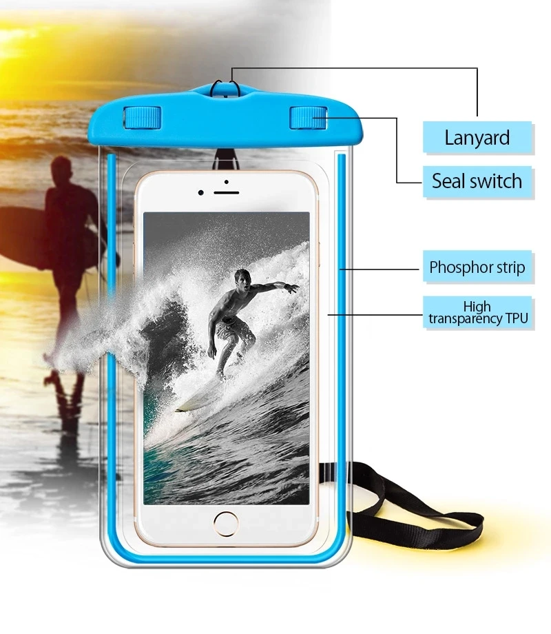 

luminous waterproof bag swimming sport waterproof pouch sealed transparent pvc waterproof cell phone case, Black white blue green pink purple yellow orange