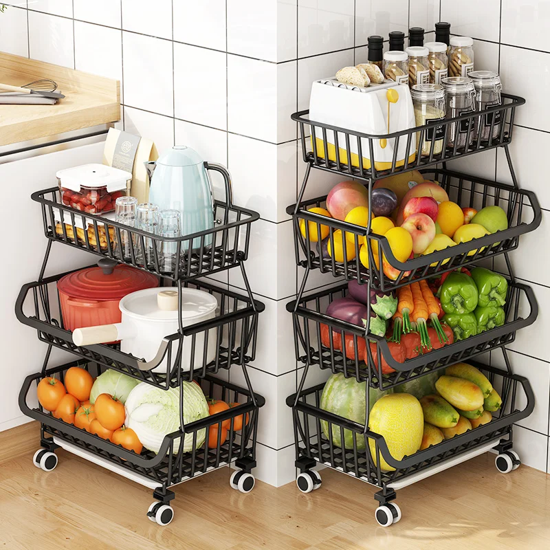 

Stackable design nail free 2-6 layer metal wire foldable storage rack kitchen fruit basket with wheels, Black