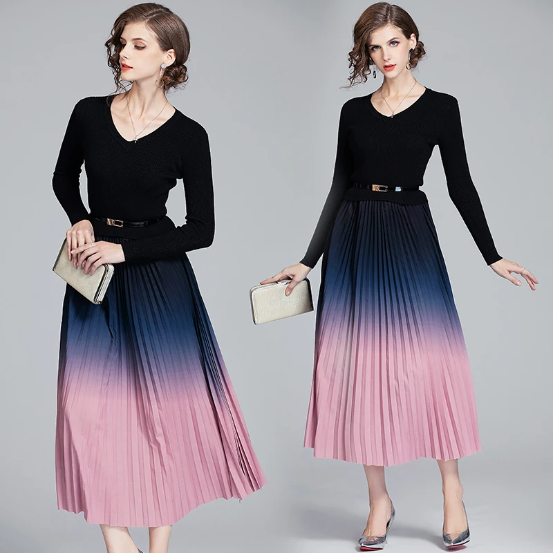 

Factory diect sale black pink round collar gradient ombre long sleeve pleated a-line casual dresses women, Customized color