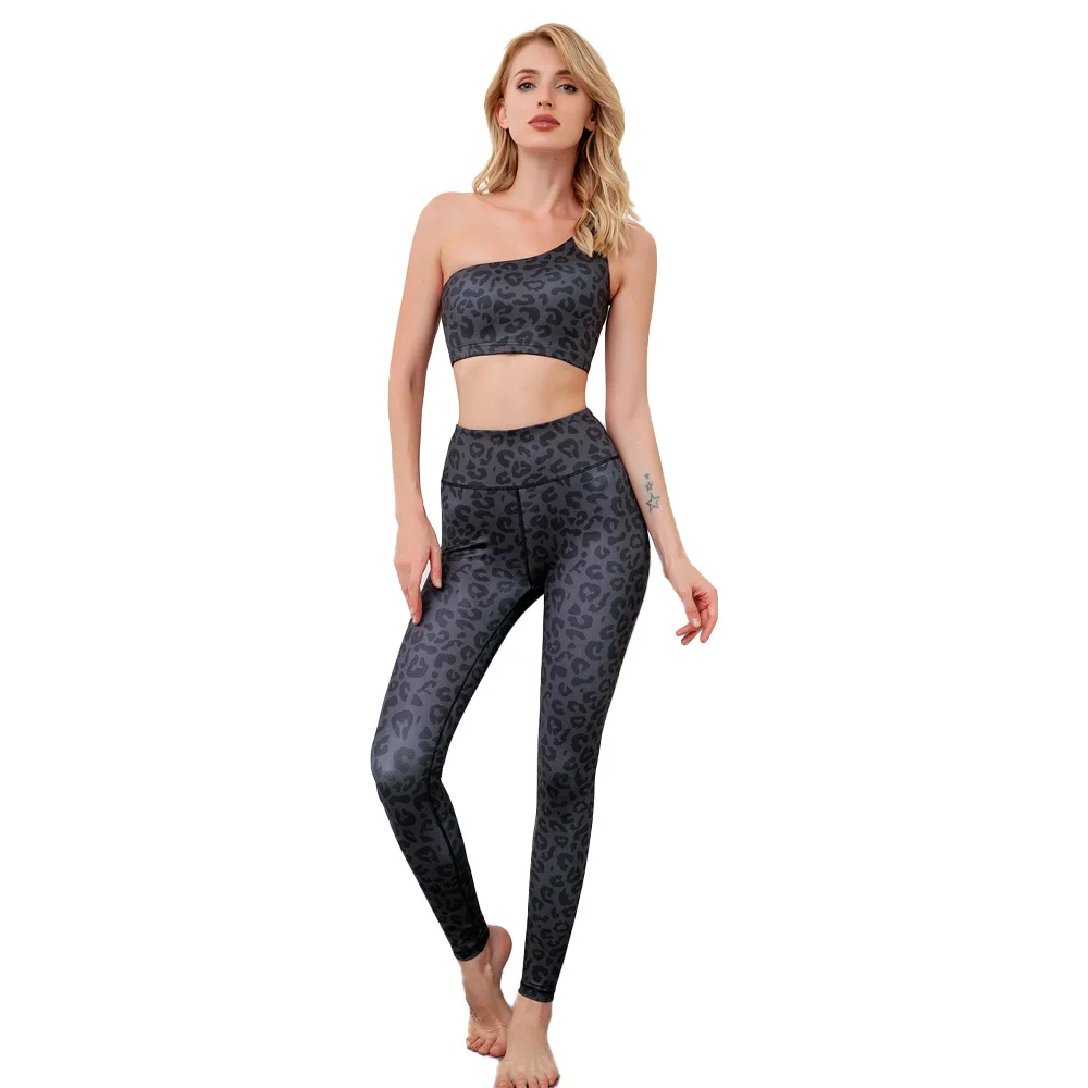 

Leopard Print Sports Fitness Dancing Running Shockproof One Shoulder Yoga Bra and Leggings Set Women
