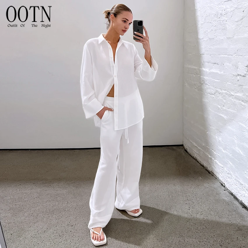 OOTN Women Casual 2-Pieces Sets Lapel Shirts And Wide Legs Pants Office Sets womans clothing 2 piece two piece set