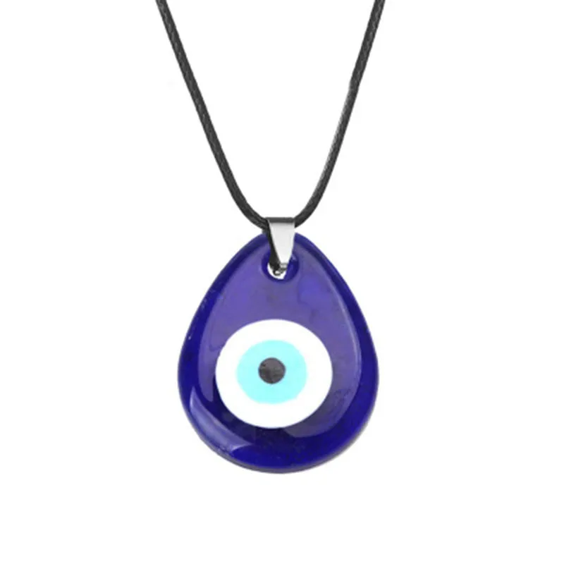 

Newest Style Water Drop Oval Blue Glass Evils Eyes Necklace Black Wax Rope Chain Turkish Eyes Sweater Necklace For Lady, As picture