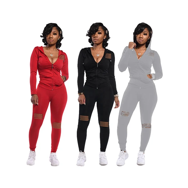 

2021 new arrivals women's v-neck zipper hooded sets 2 piece outfit ladies clothing