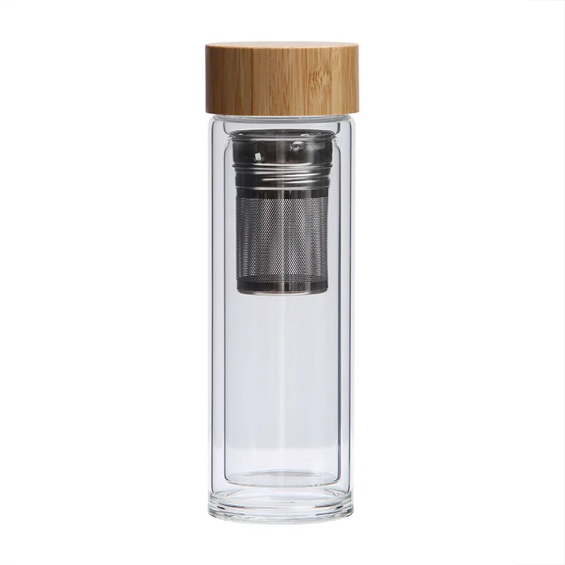

Promotional Hot Selling Double Wall Glass Mug Cup Bamboo Lid Transparent Glass Water Bottle Tumbler With Strainer Infuser Basket
