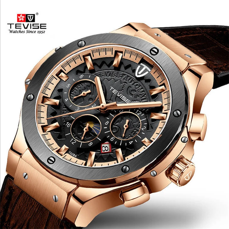 

TEVISE T828A 2019 Fashion Brand Men Automatic Mechanical Watch Men Moon phase Leather Sport Wristwatch Relogio Masculino