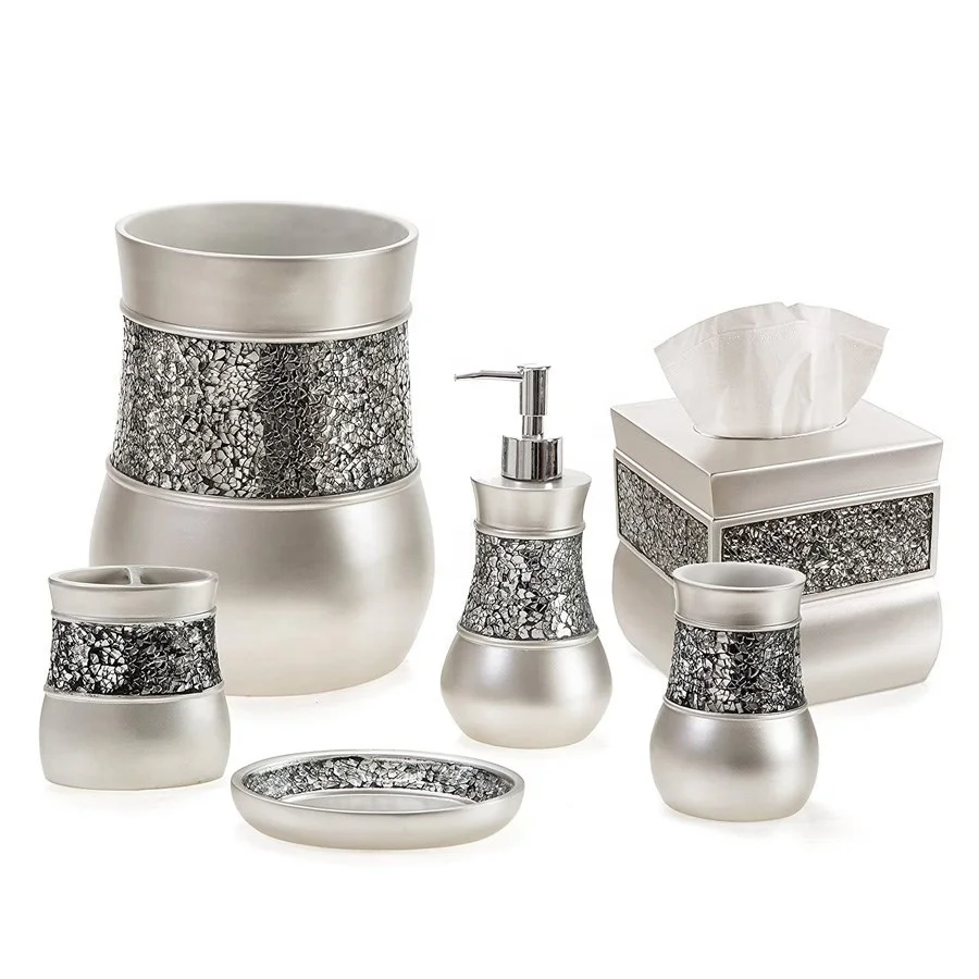 Elegant Grey Glass Mosaic Marble Effect Diamond Bathroom Accessories Set Buy Glass Mosaic