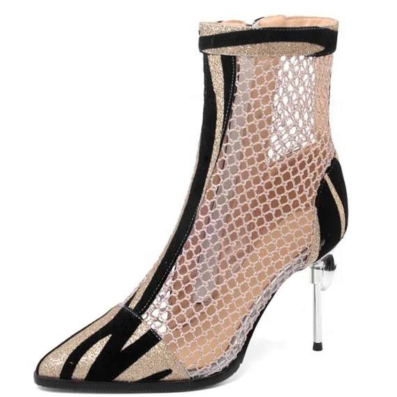 

Cut out Women Short Summer Boots Shoes Big Size 50 Ladies Stiletto High Heels Ankle Boots Women Patchwork Fishnet Sandals Pumps, Black white pink