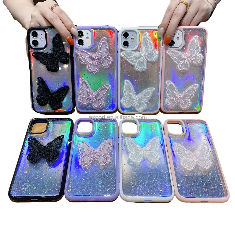 

2021 cute bling bling laser colorful butterfly phone case for iphone 11 pro xr 78, epoxy phone case cover for iphone 12 pro max