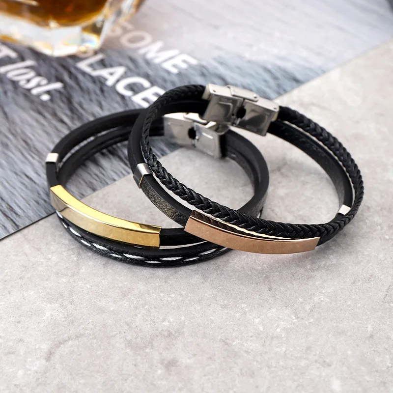

Stainless Steel Women Men Couple Personalized Engraved Logo Blank Bar Metal Custom Wrap Leather Woven Bracelet