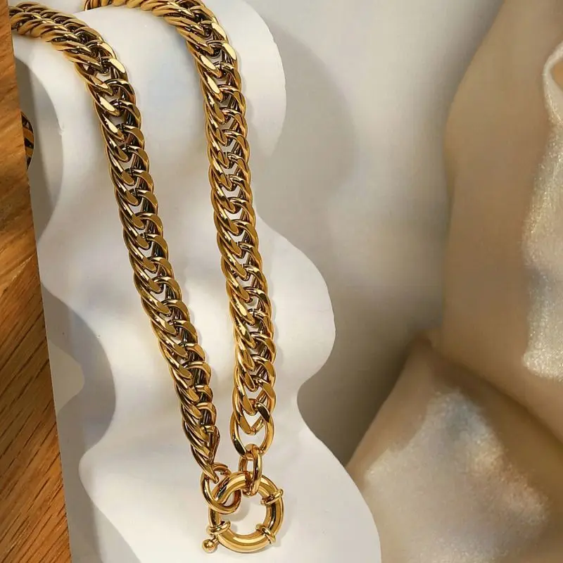 

10mm Gold Plated Double Cuban Link Curb Chain Necklace Gold Stainless Steel Spring Buckle Thick Chain Necklace