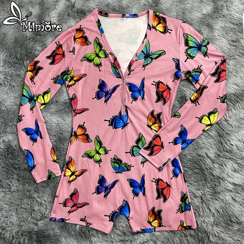 

2020 Summer Sexy Long Sleeve Pink butterfly Adult Onesie Women Pyjamas
