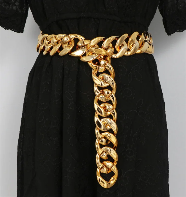 

Ins Street Personality Metal Gold Thick Chain Wide Decoration With Dress Shirt Belt Women Waist Chain, Silver,gold