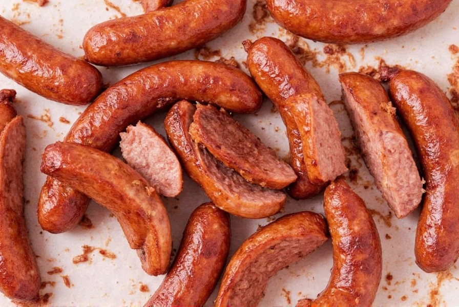 Freshly smoked andouille sausage links cooling on a rack