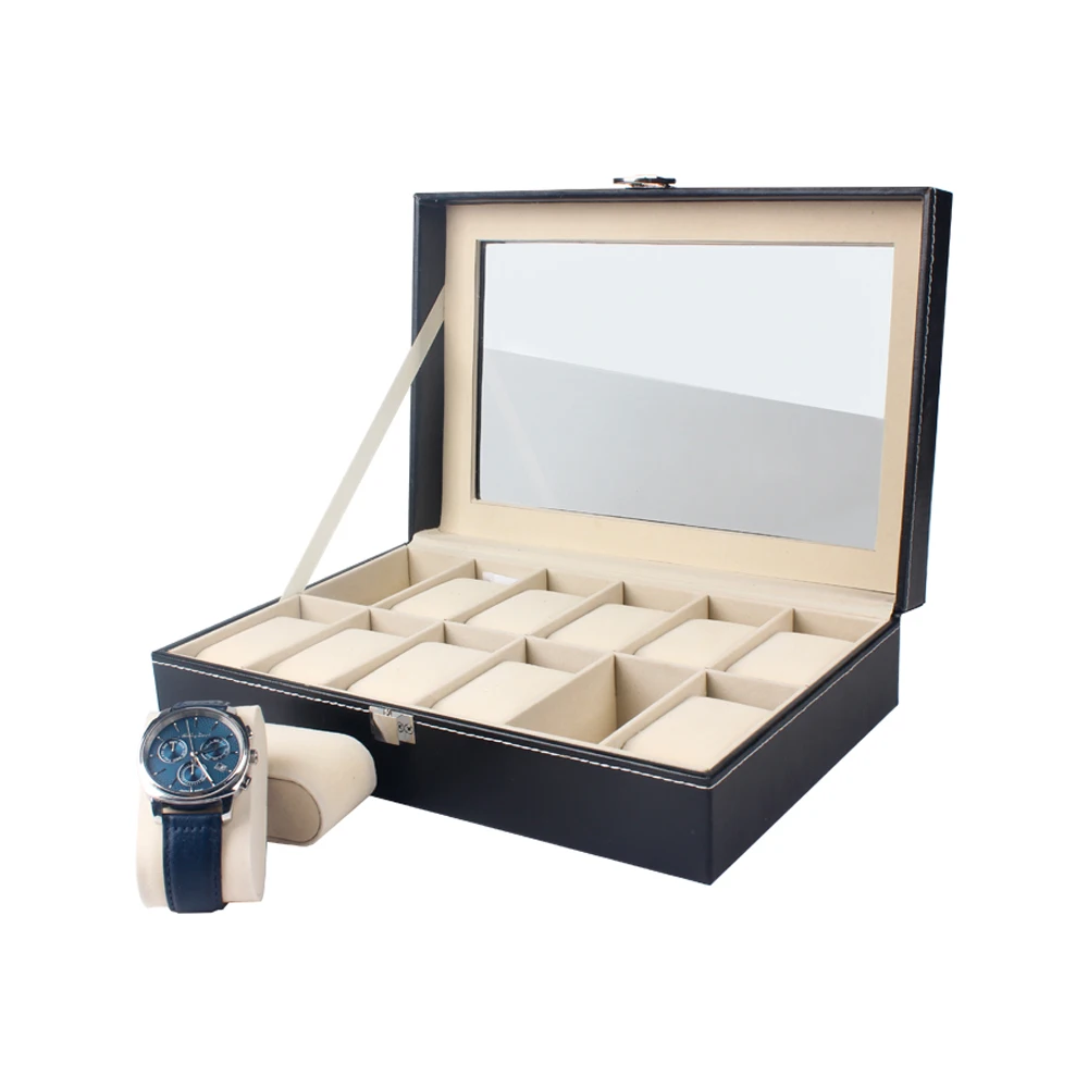 

black display PU leather watch box with 12 slots for watches, Black(accept custom)