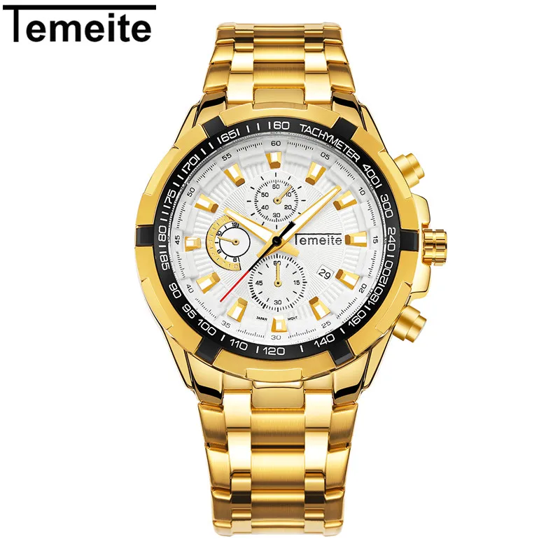 

TEMEITE 007G stylish gold man quartz watch formal Stainless steel band water resist auto date Concise sports watch design