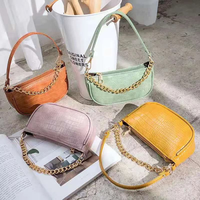 

2021 New style armpit crocodile pattern underarm small purses bags chain shoulder bag for women, White,brown,yellow,green,pink,black,purple