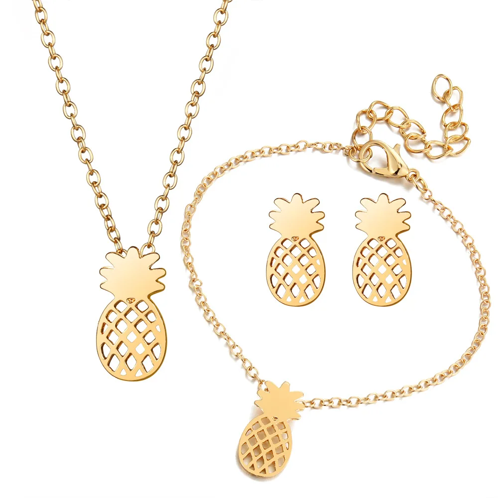 

2020 Trendy Pineapple Necklace 18K Gold plated Stud Earrings Hollow Charm Bracelet Jewelry Sets for Women