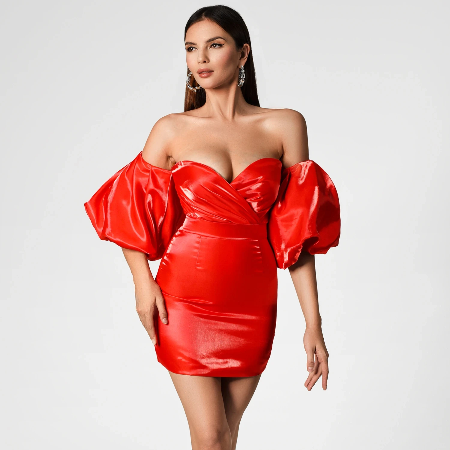 

High Waist Mini Gown Pleated Elegant Red Puff Sleeve Mini Dress
