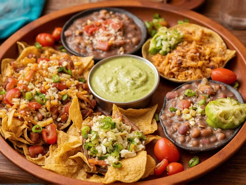 Colorful platter with refried beans in multiple dishes