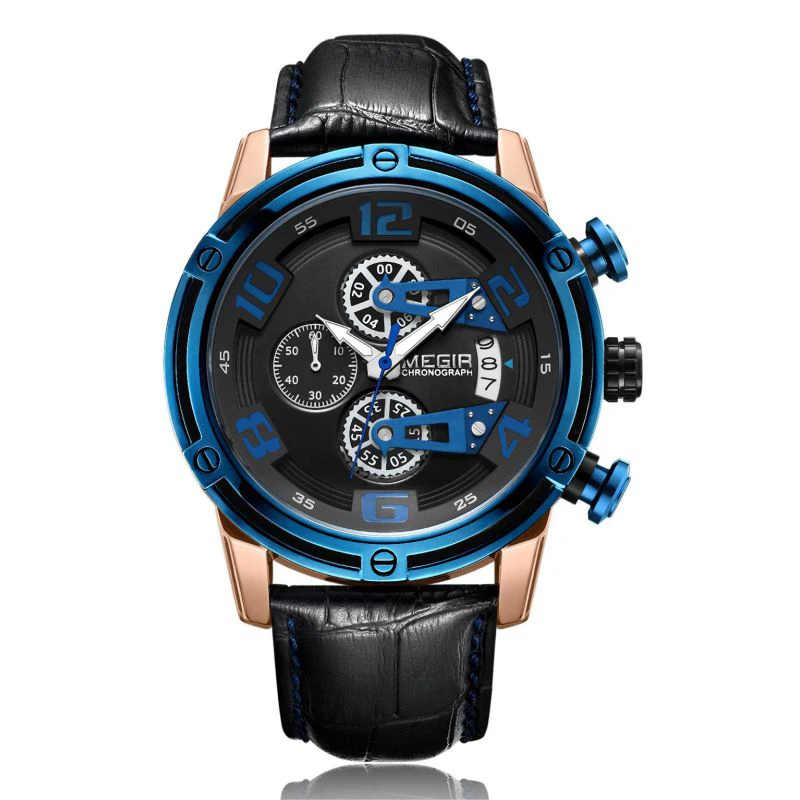 

Men's Genuine Leather Quartz casual Watches Military Stop Watch Waterproof chronograph men relojes deportivos megir 2078