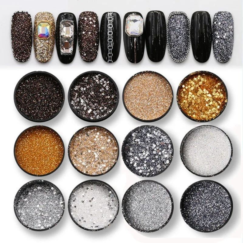 

6 Pcs/set Shiny Silver Glitter Sequin Black Glitter Powder Nail Art DIY Powder Dust women Makeup Manicure Nail Decoration