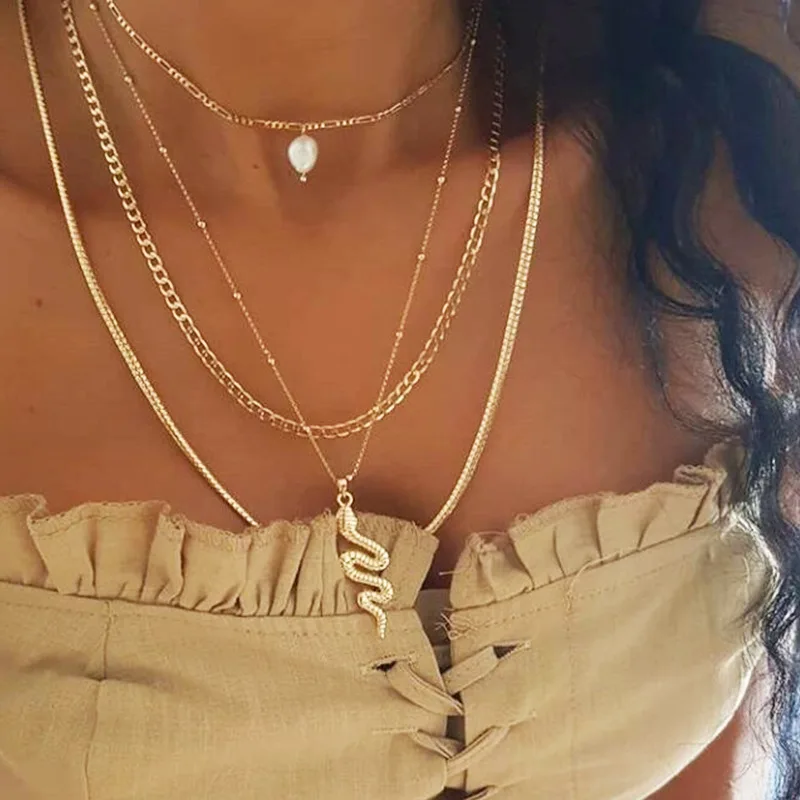 

2021 fashion jewelry four layer gold snake necklace