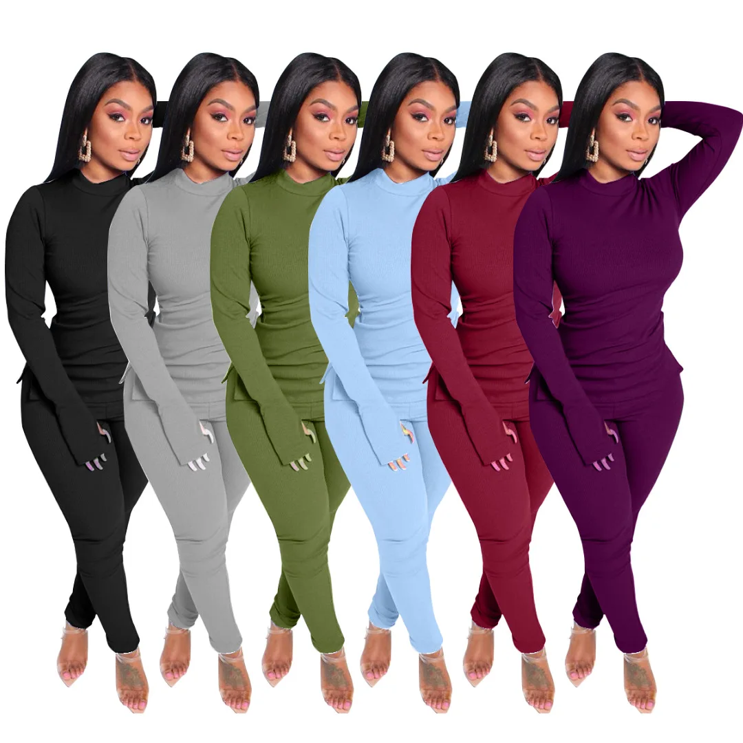 

Full Sleeve ribbed Two Piece Outfits Women's Tracksuit 2 Piece Bodycon Sweatsuit Fitness Jogging Set knitted long pants sets, Gray black red pink