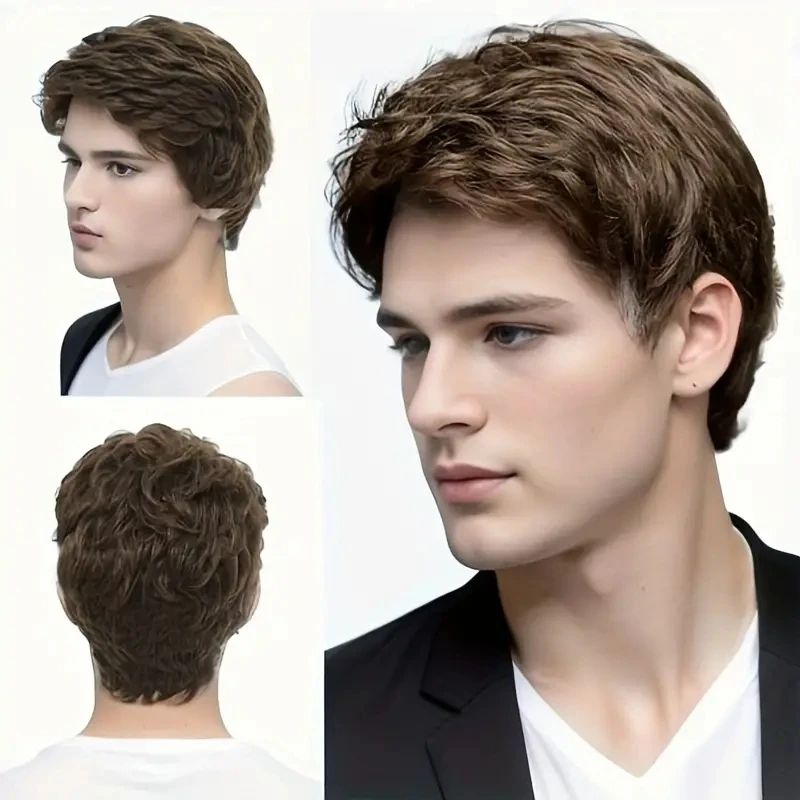 Hot Selling 6 Inch Short Brown Bob Wig Natural Replacement System Cosplay Party Mens Wig Natural Synthetic Fiber Hair Wig