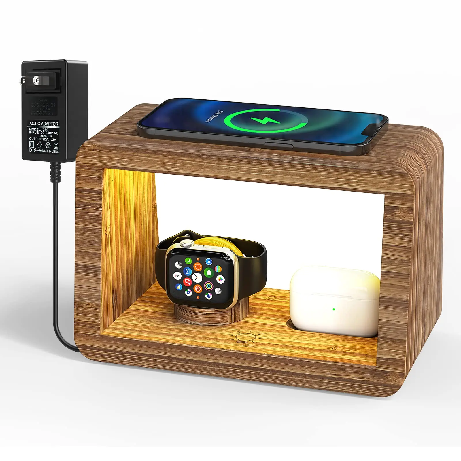 Popular Product 2023 4 In 1 Bamboo Wood Desk Organizer Wireless Charging Dock Station Mobile Phone Holder