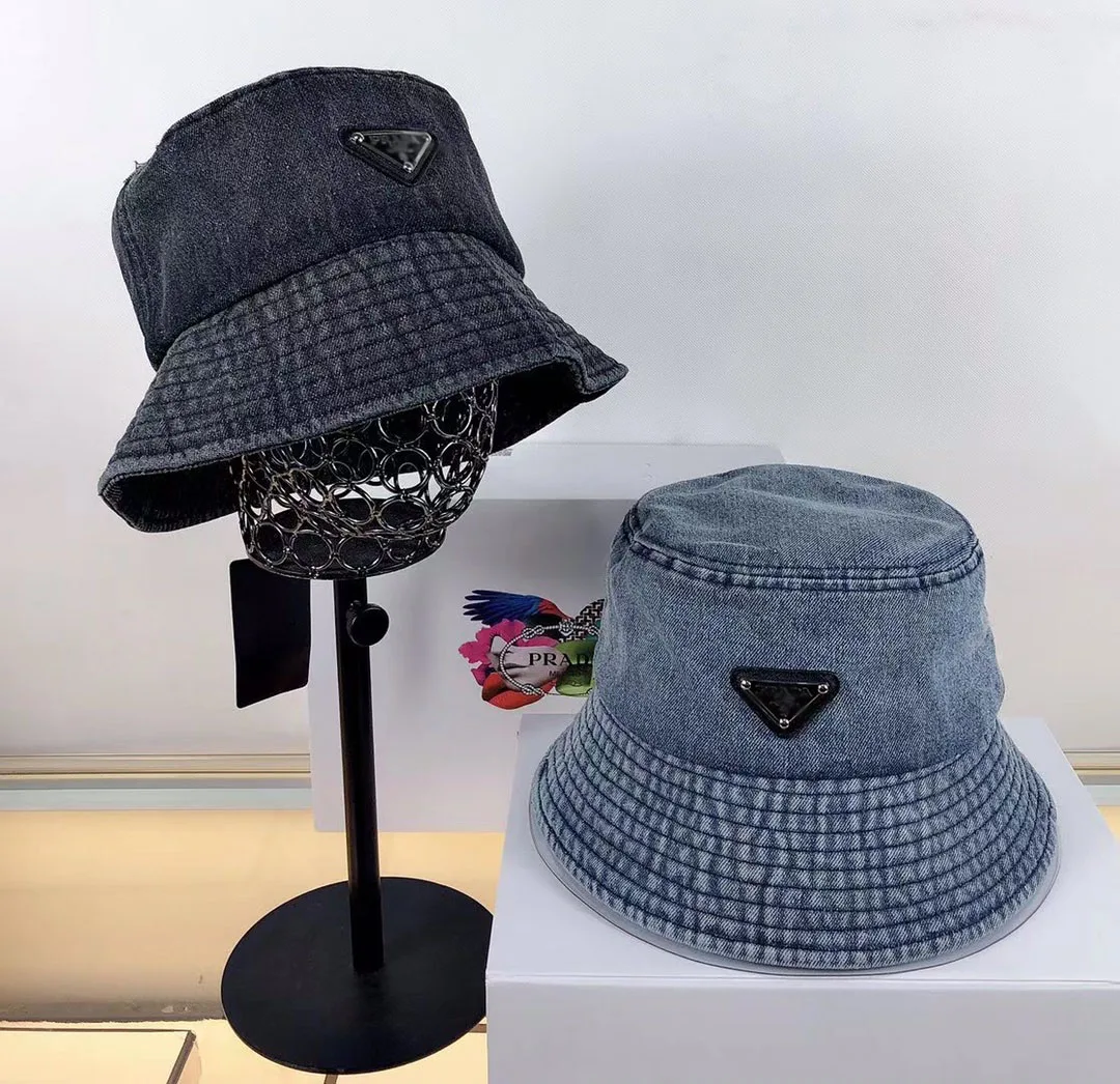 

2021 High Quality Triangle With Letter Word Patchwork Bucket Hat Women Hats Fisherman Denim Floppy Hats, Blue