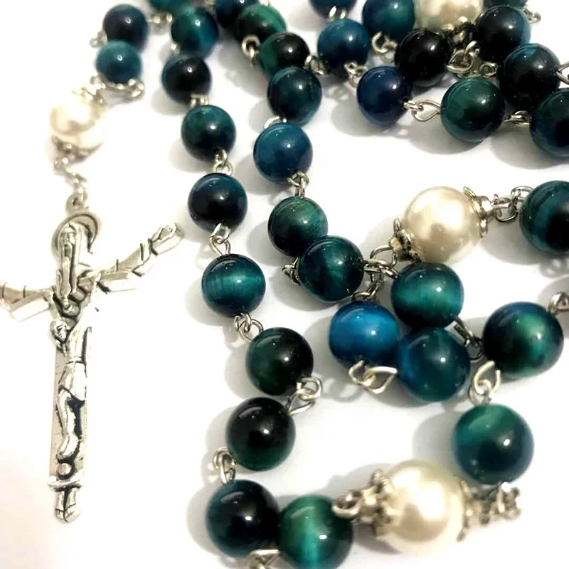 

Wholesale High Quality Blue Tiger's Eye Stone Beautiful Pearl Mother Prayer Beads Chaplets Rosary
