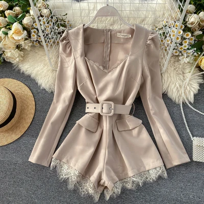 

2020 Autumn Women European Fashion Long Sleeve Lace Mini Jumpsuits