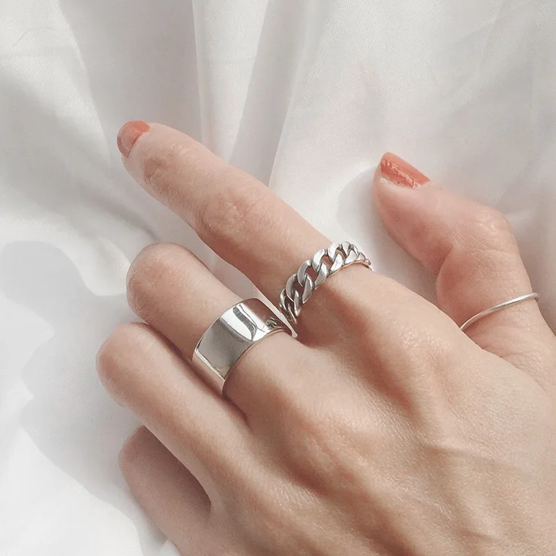 

OUYE 2021 S925 Sterling Silver Ring Female Smooth Silver Wide Face Open Index Finger Ring, Colorful