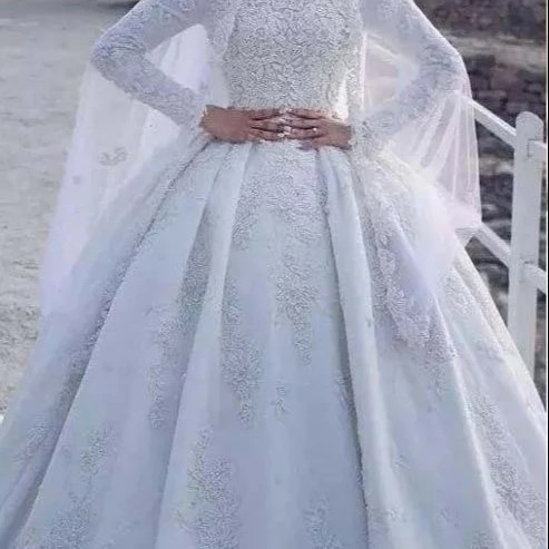 CD00292   High collar long sleeve lace satin bridal gown muslim wedding dress