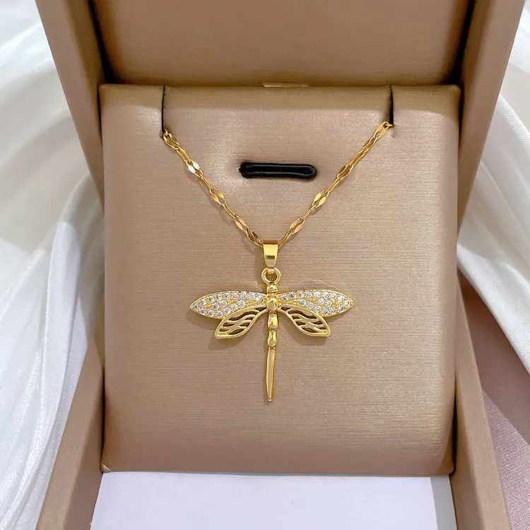 

SC Luxury Zircon Dragonfly Pendant Necklace Women Delicate Lucky 18K Gold Plated Stainless Steel Hollow Dragonfly Necklace