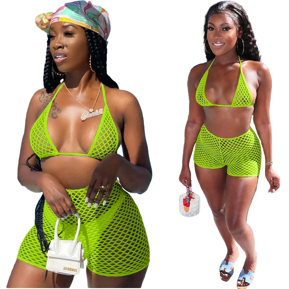 

New Casual Woman Beach Wear And Swimsuit Candy Color Knitted Halter Bikini 3 Piece Bathing Suit Set