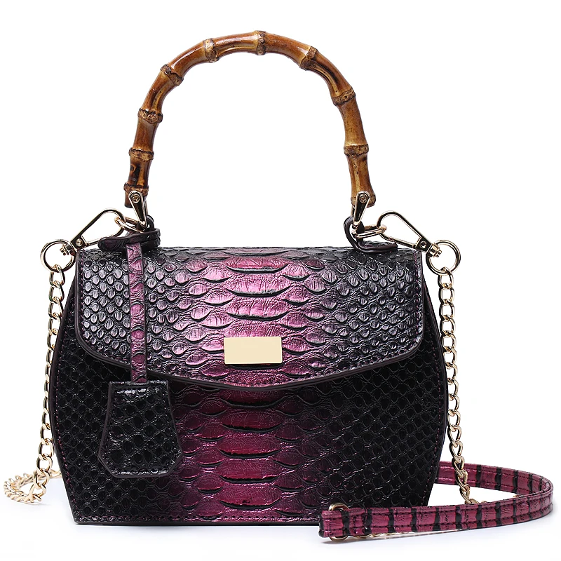 

2020 New Luxury Women Python Bamboo Handle Tote Bag Snake Pattern Quality Leather Shoulder Bags Bamboo Purse Handbag