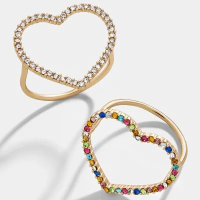 

Personality Charm Girls Fashion Jewelry Geometric Colorful Rhinestone Crystal Hollow Heart Ring For Women