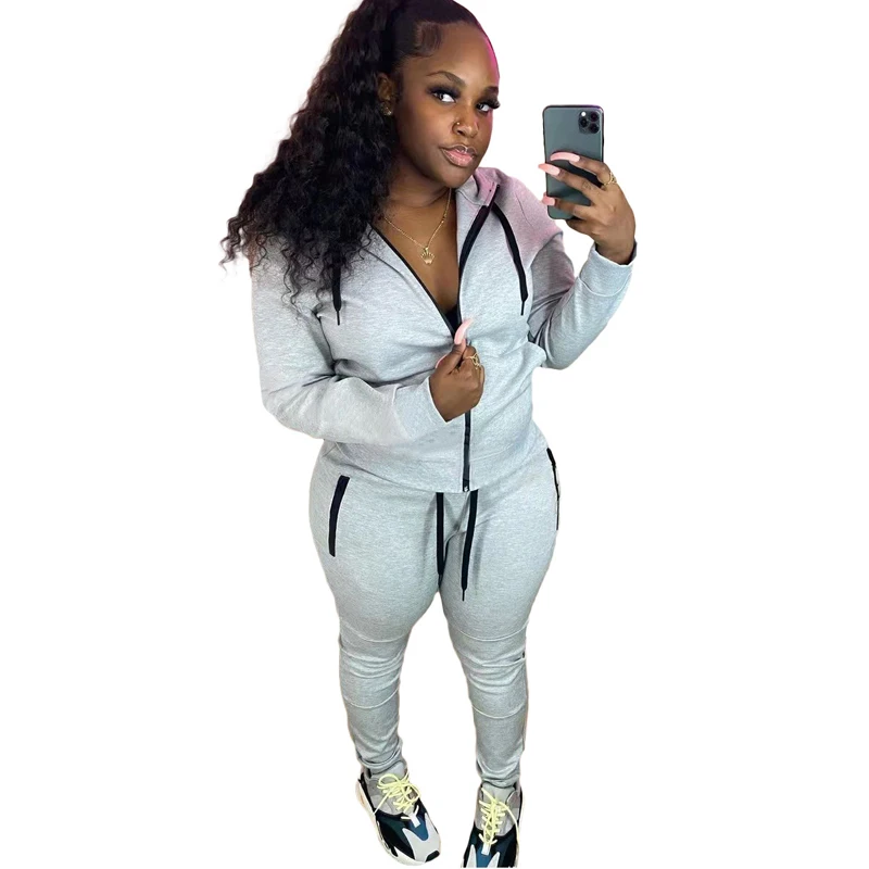

Drawstring Clothes Zipper Casual Hoodie Women Sweat Set Tracksuit Scrunch Butt Leggings And Jacket Two Piece Winter Fall Set, 3 colors as picture