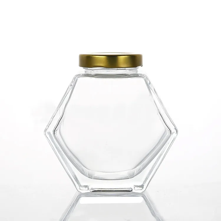 

280ml Packaging Sealed Jar Transparent Hexagonal Glass Honey Jar With Iron Lid