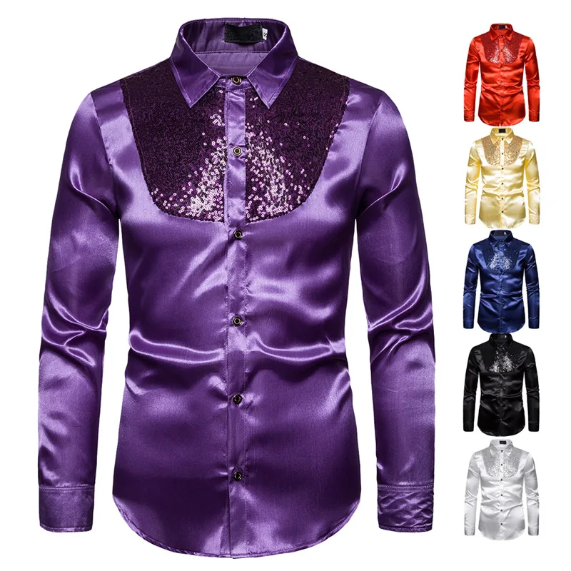 

Men's Silk Satin Smooth Shirt Luxury Gold Sequin Tuxedo Shirt Party Stage Performance Wedding Dress Shirts Chemise Homme, As show