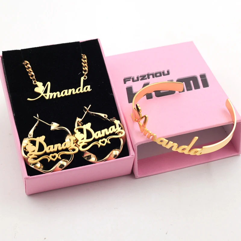 Qiuhan Custom Name Necklace Flower Hoop Earrings Stainless Steel Bangle Personalized Name Set