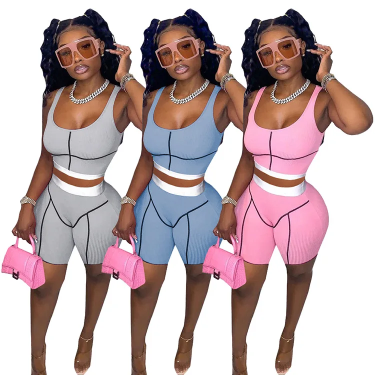 

Wholesale 2 Piece Set Women 2 Piece Biker Shorts And Crop Top Matching Set Women, Blue,pink,gray