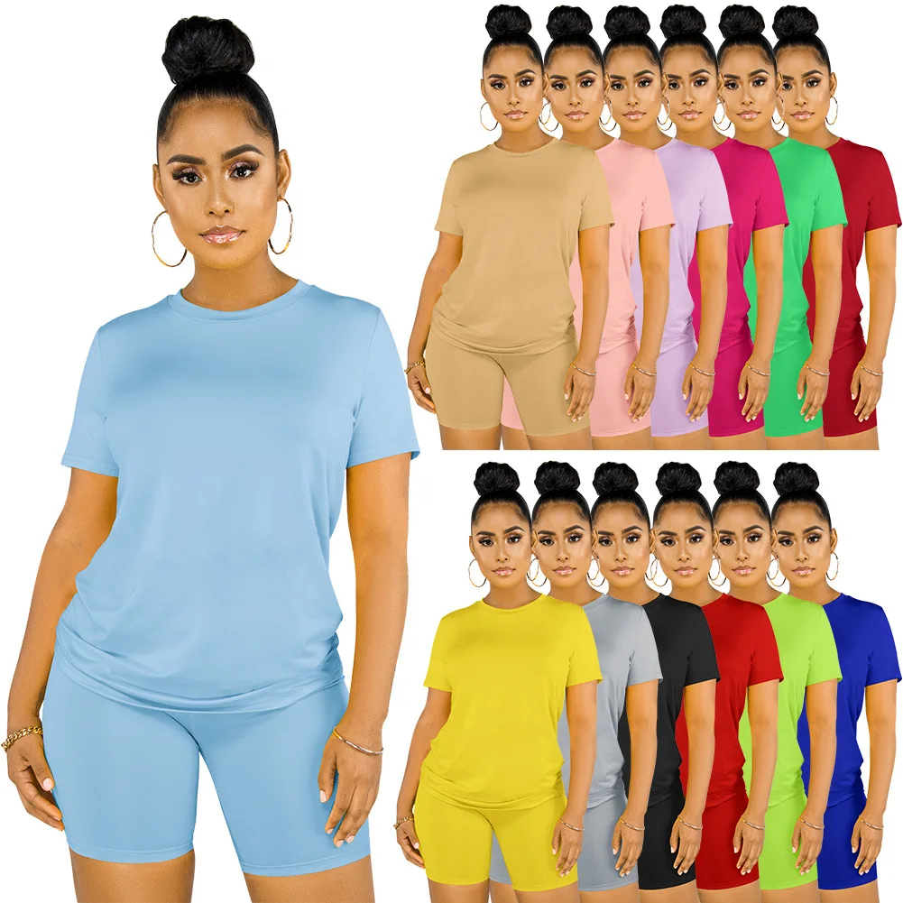 

cheap women o neck summer candy color casual two piece set plus size women short sleeve wholesale workout outfit set, Custom choose