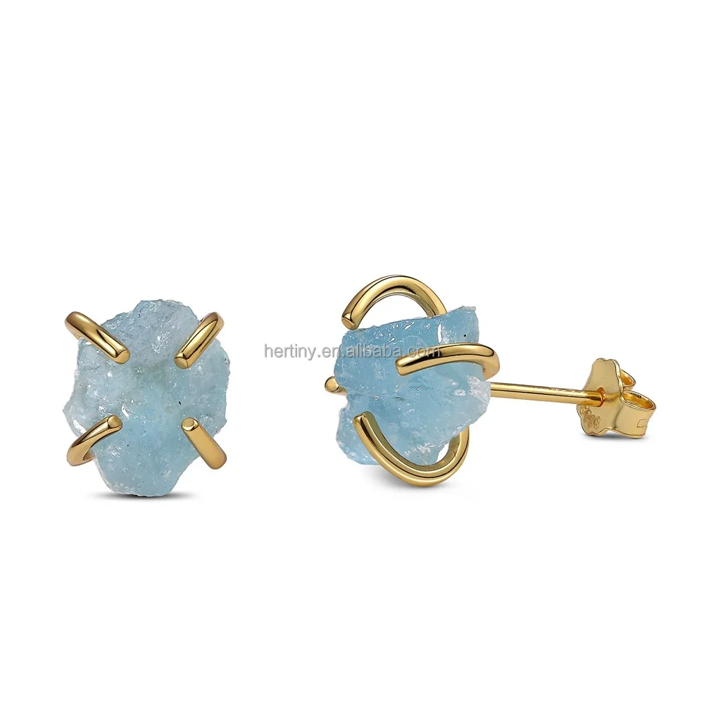 

925 Sterling silver gold plated claw inlay Sapphire stone gemstone stud earring, Picture shows