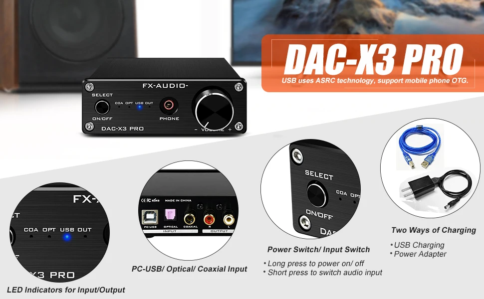 FX AUDIO DAC and Headphone Amplifier Mini HiFi Stereo Home Audio DAC Converter ESS9023 CS8416 USB Optical Coaxial Input and RCA Headphone Amp Output DAC-X3 PRO Digital to Analog Converter Black